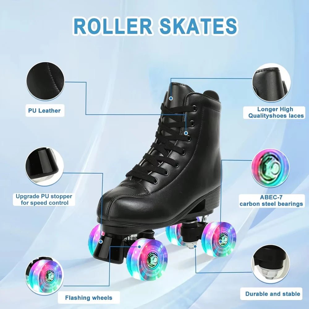 Flash 4 Wheel Roller Skates - Adult Women's PU Leather Size 32-45 - silverfoxgoods